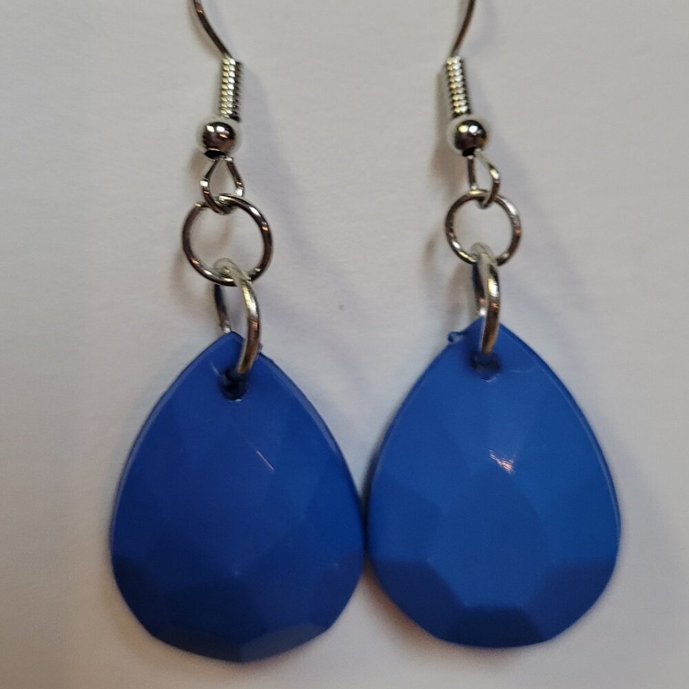 Blue Solid Faceted Large Teardrop Earrings
